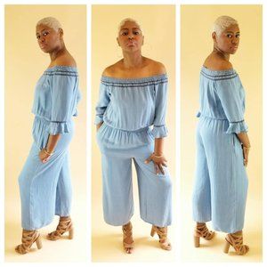 Denim Off The Shoulder Wide Leg Jumpsuit Blue